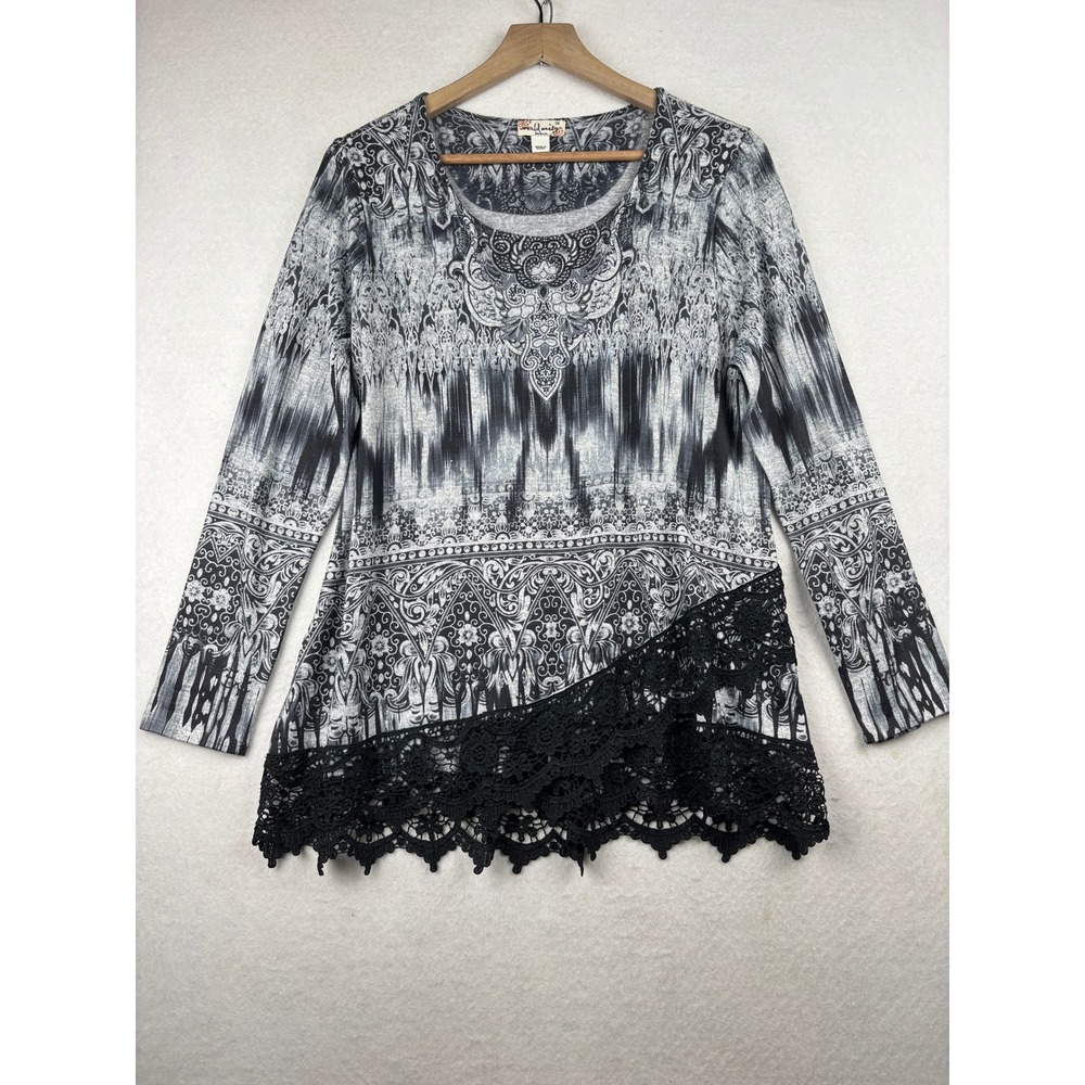 World Unity Top Womens 0X Lace Trim Boho Ornate Casual‎